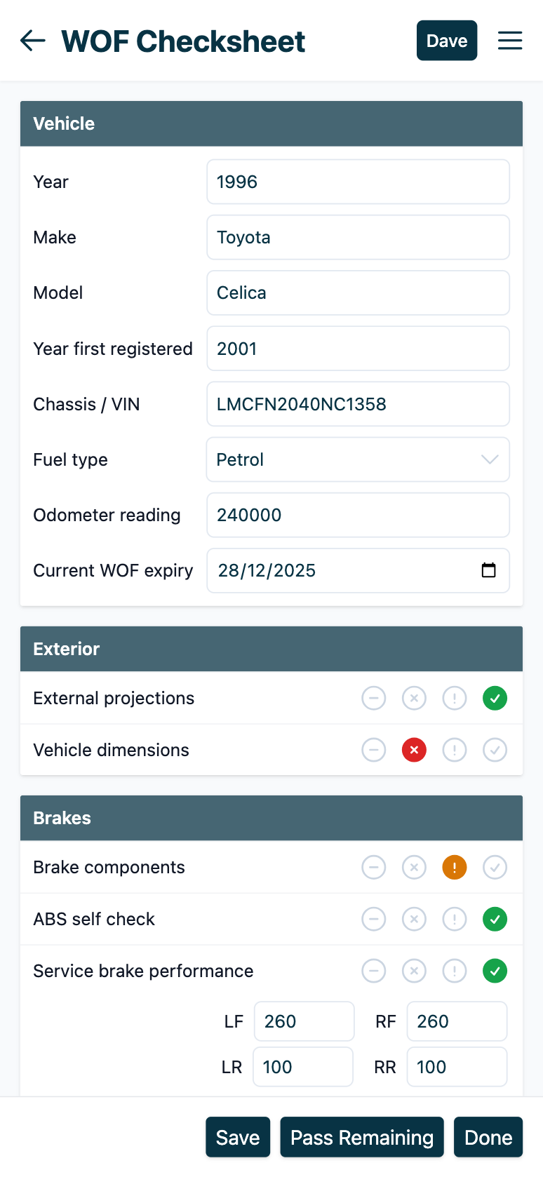 A screenshot of a digital WoF checksheet inside the Inspect app.